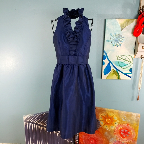 ALFRED SUNG Dresses & Skirts - Alfred Sung Dark Blue Ruffled Halter Neck Formal Mini Dress Size 8